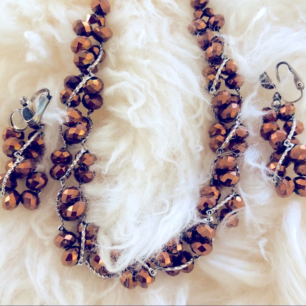 Beaded Brown Necklace and Earrings Set